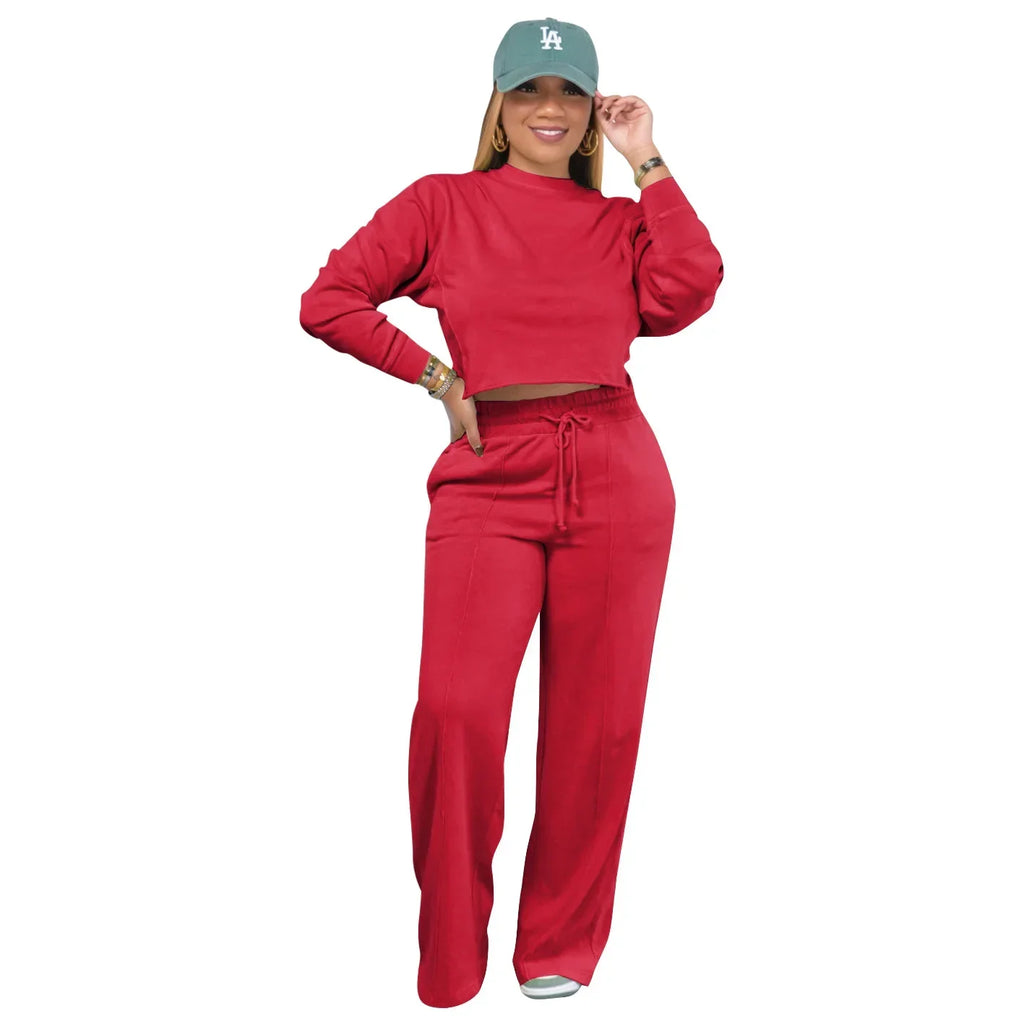 Women Winter Tracksuit Set Pullover Top and Pants 2 Piece Casual Outfit Thicken Warm Solid Color Suit