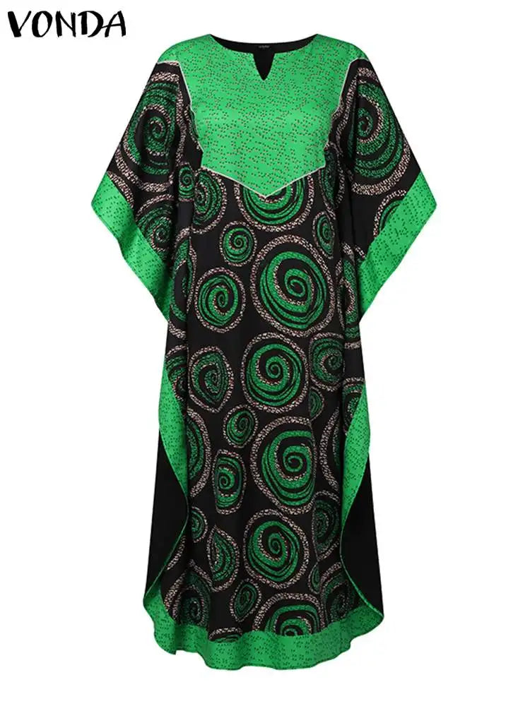 Bohemian Maxi Dress With Printed V Neck Bat Sleeve Casual