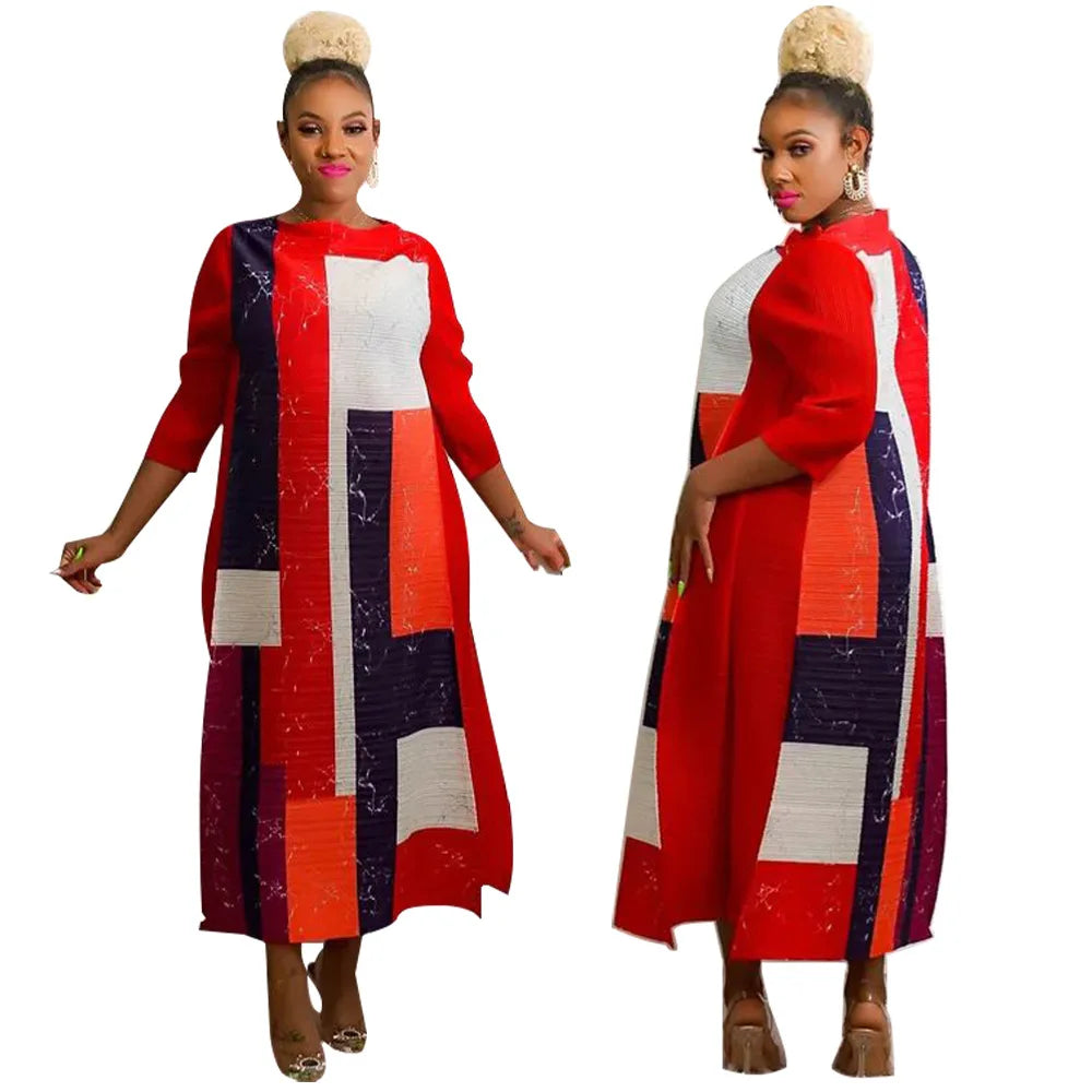 Leaf Print Pleated Boho Maxi Dress for Women Casual Beach