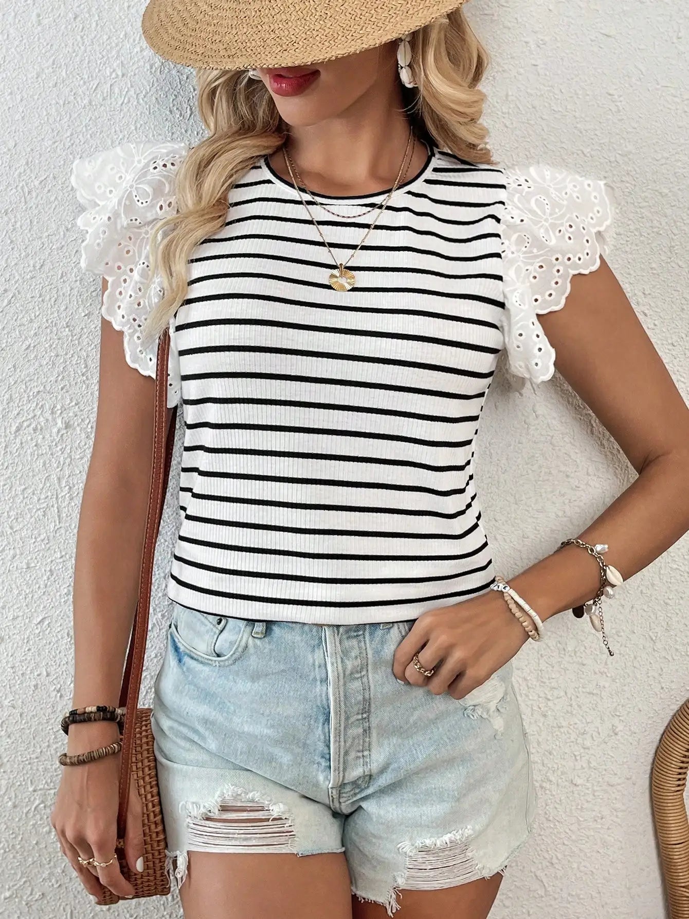Elegant Women's Casual T-Shirt with Round Neck and Flying Sleeves in Hollow Stripe Design