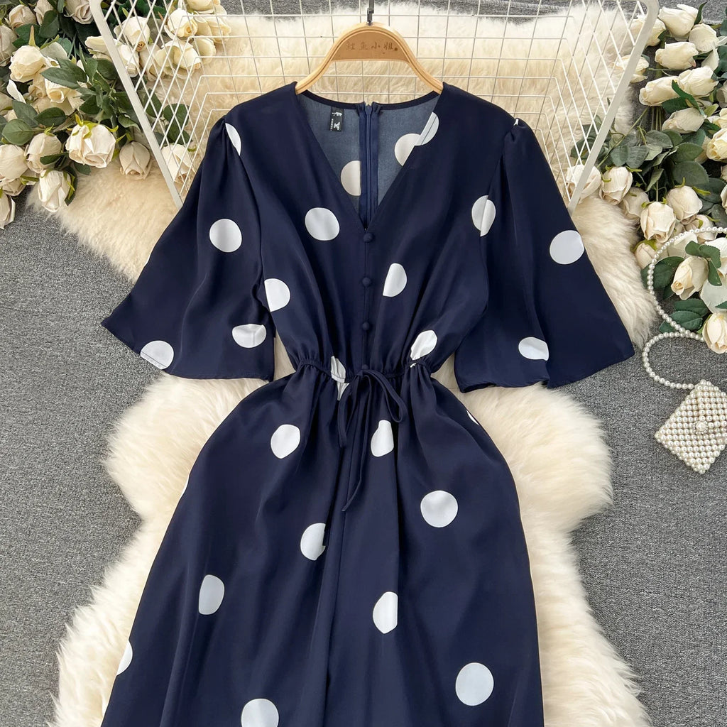 Women Wide Leg Polka Dot Jumpsuit with V Neck Dolman Sleeves and Slim Waist Design