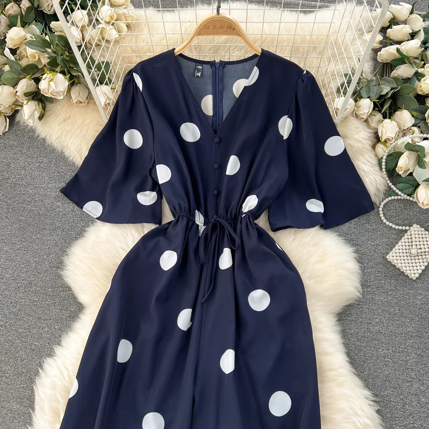 Women Wide Leg Polka Dot Jumpsuit with V Neck Dolman Sleeves and Slim Waist Design