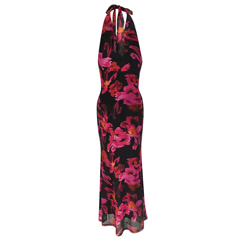 Red Halter Backless Dress Women Slim Streetwear Print