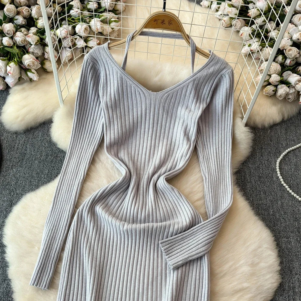 White Long Sleeve V Neck Lace Up Elegant Dress For Women