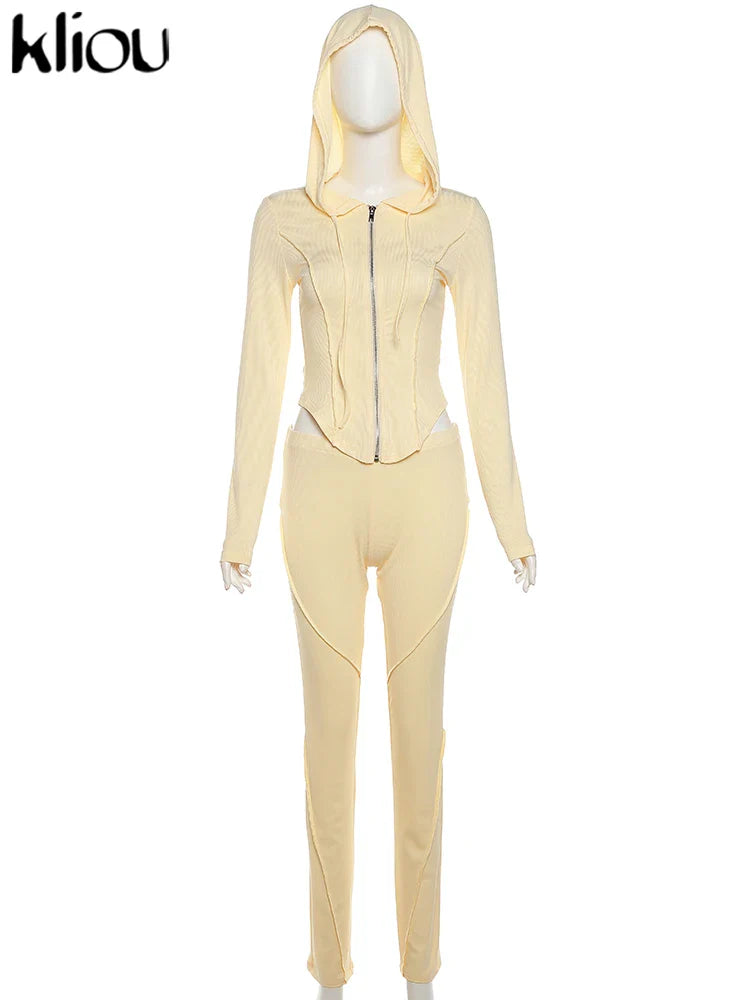 Casual Sporty 2 Piece Activewear Set for Women with Irregular Full Sleeve Zip-Up Hoodie and Slim Elastic Pants