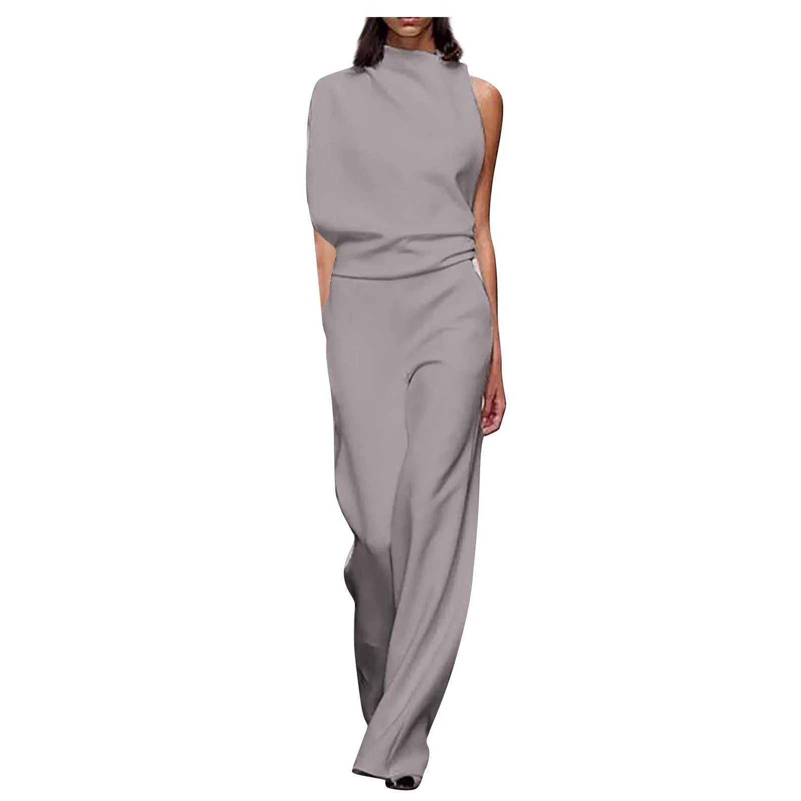 Women Fashion Long Sleeveless Rompers High Neck Wide Leg Overalls Vintage Style Waisted Playsuit Summer Jumpsuit