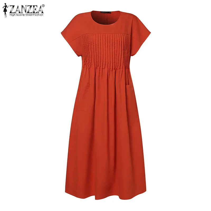 Summer Party Sundress Women O Neck Short Sleeve Mid Calf