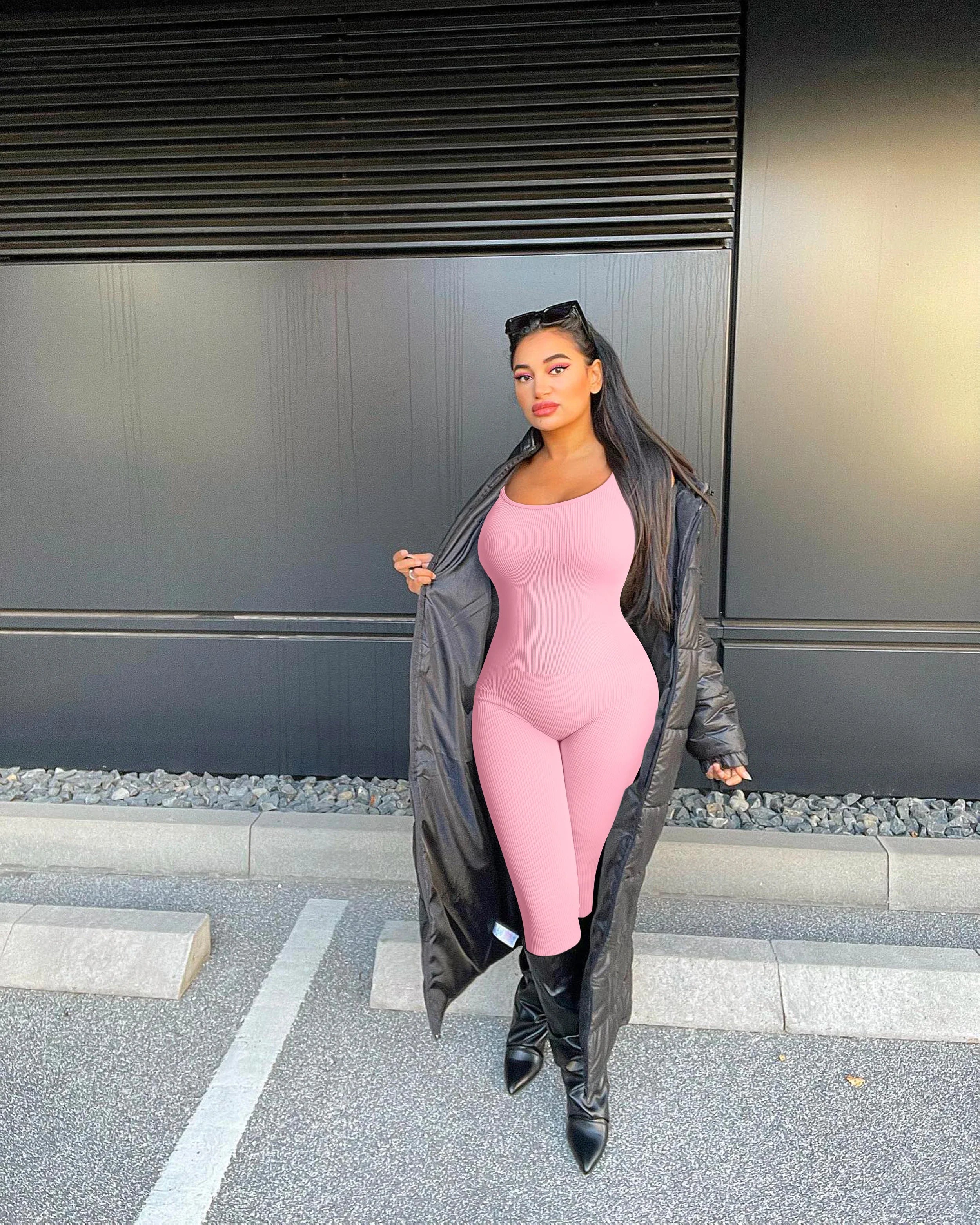 Solid Color Slim-Fit Seamless Hip Lifting Bodysuit Yoga Jumpsuit Set for Women