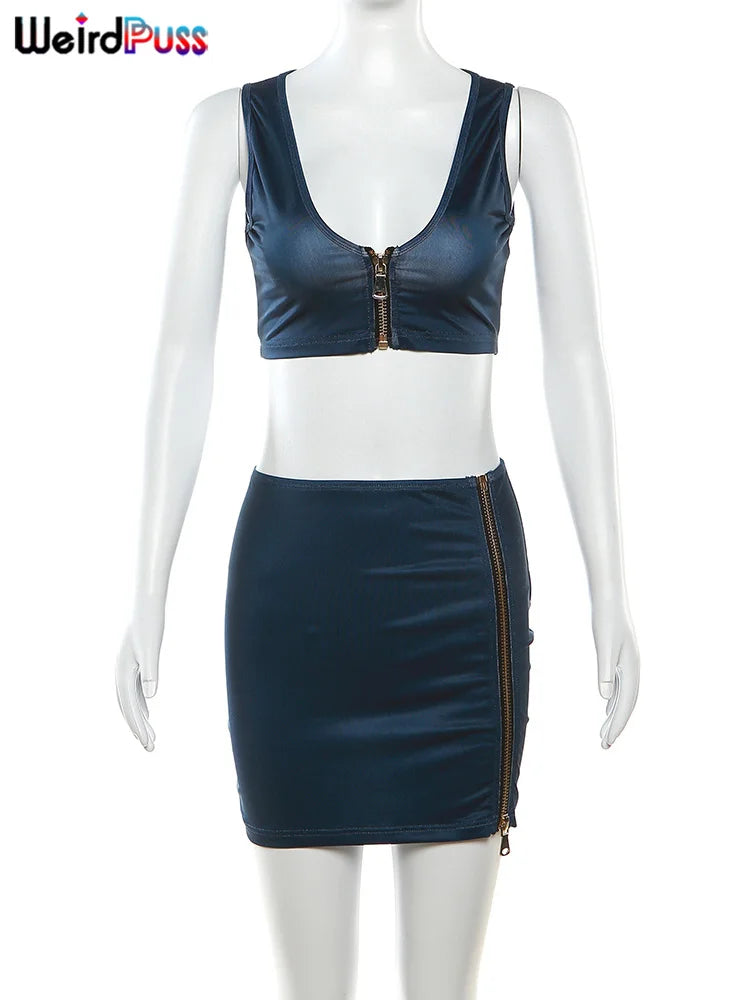 Weird Puss Solid 2 Piece Set Women Low-Neck Zipper Tank Top and Peach Hip Skirt Stretchy Clubwear Matching Outfit