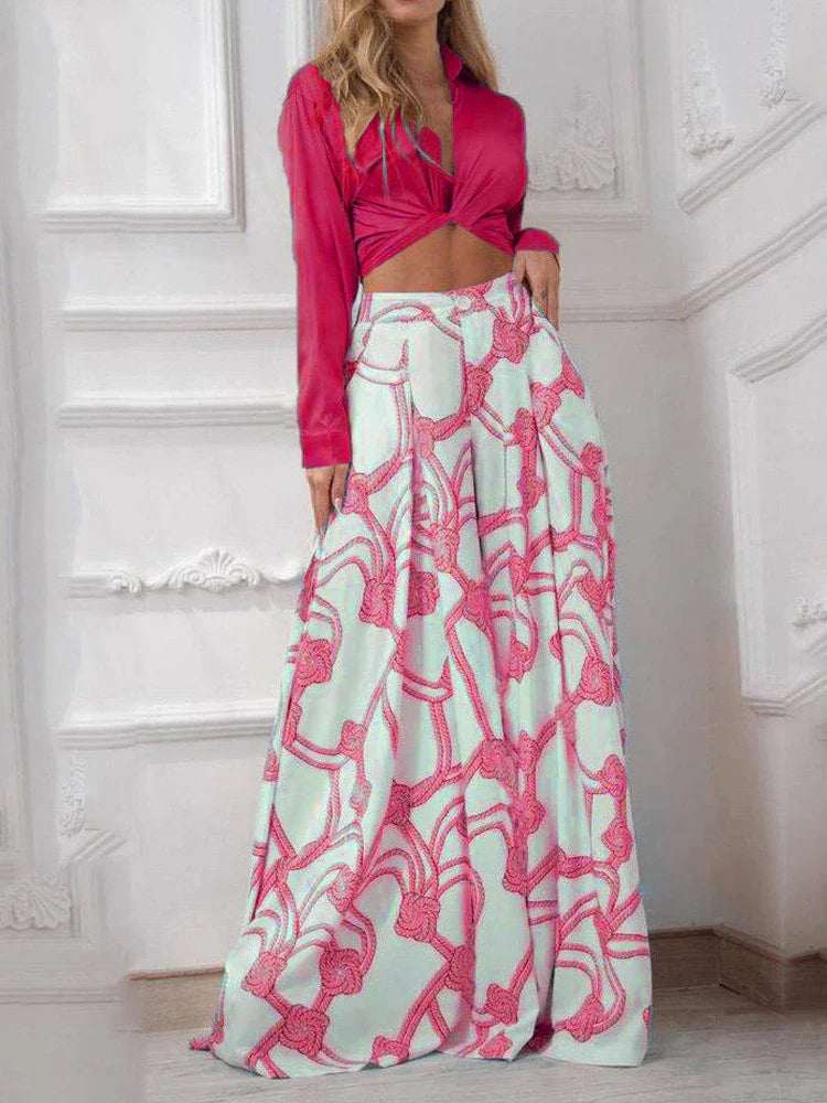 Printed Casual Suit with Lace-Up Shirt and High Waist Wide Leg Pants Set for Women