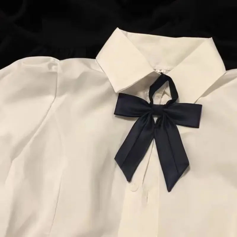 Slim Fit White Short Sleeve Blouse for Women with Sweet Bow Tie Neck Preppy JK Style Shirt
