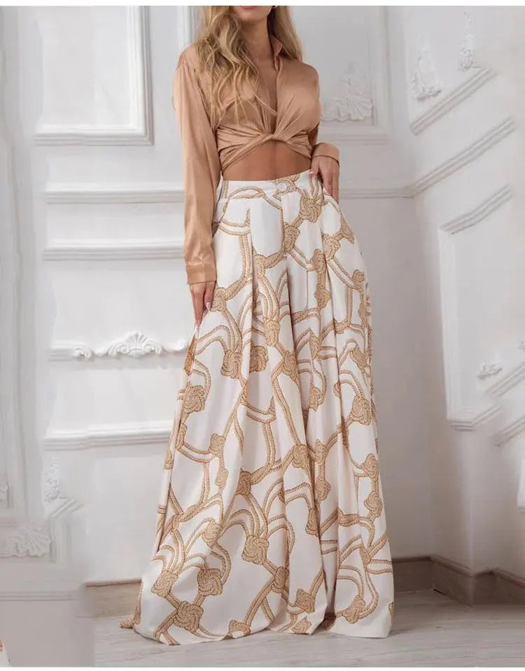 Printed Casual Suit with Lace-Up Shirt and High Waist Wide Leg Pants Set for Women