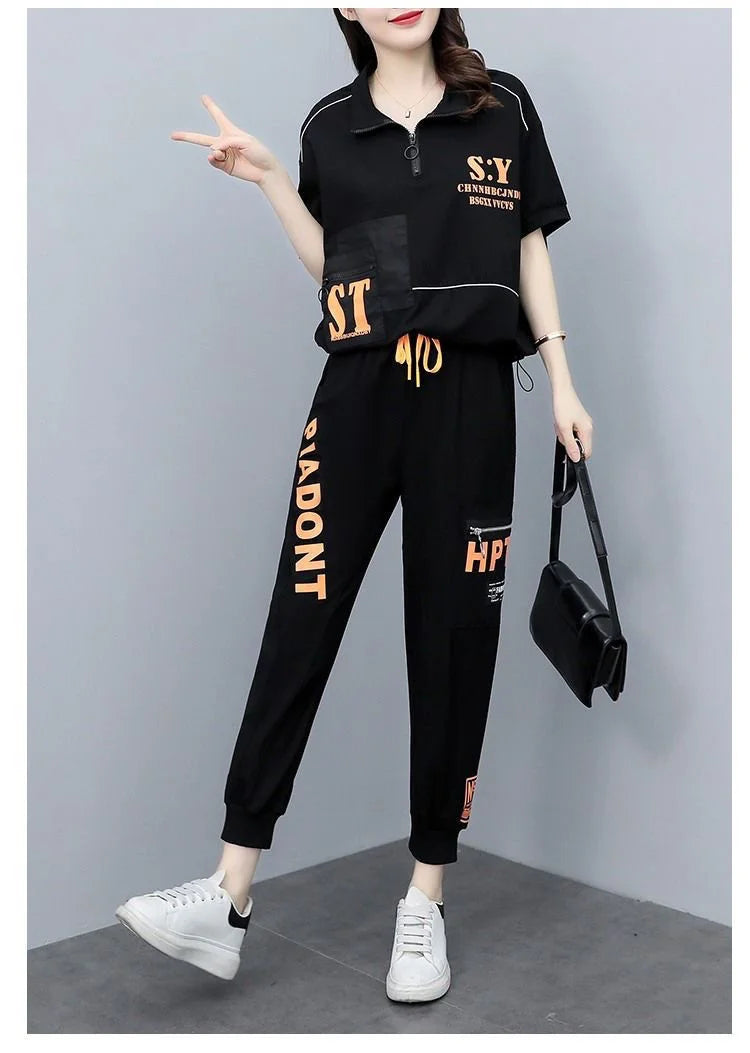 Women's Summer Korean Style Sports Suit Loose Short Sleeve Top and Pencil Pants Two Piece Set