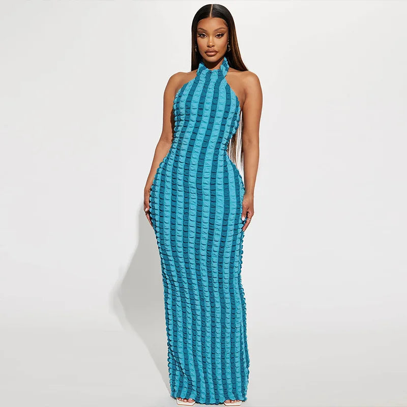 Y2K Patchwork Halter Backless Bodycon Maxi Dress For Women