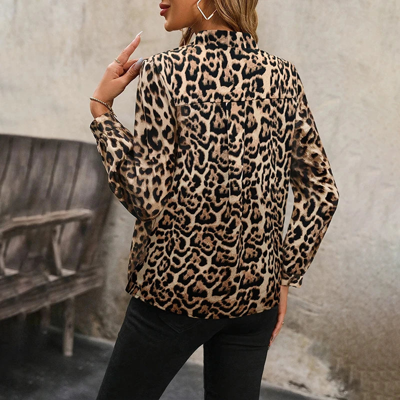 Elegant Satin Leopard Print Button Up Shirt for Women Vintage Silk-Like Blouse Long Sleeve Office Top