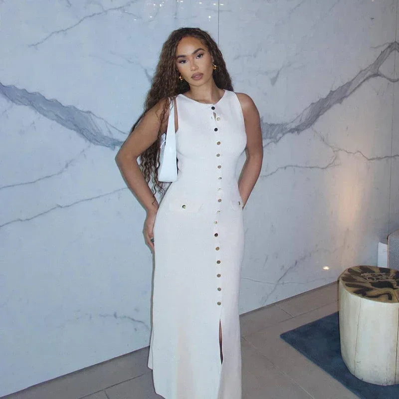 Elegant Sleeveless Ribbed Knit Bodycon Dress High Waist