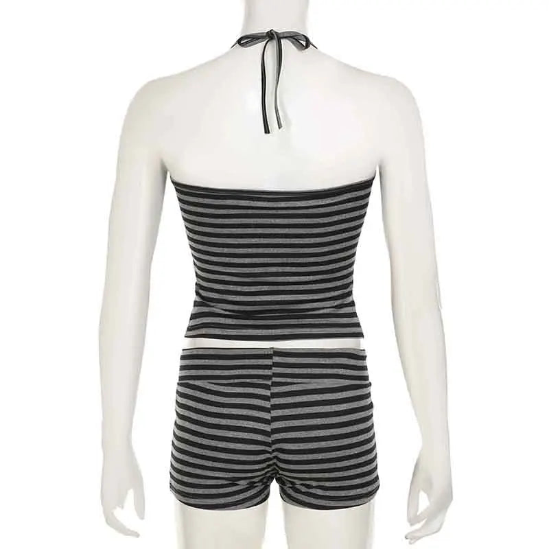 Casual Striped Two Piece Set for Women Slim Fit Backless Bandage Halter Top with Low-Waisted Shorts Summer Lounge Wear
