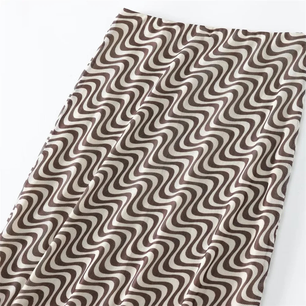 Women's Silk Screen Print Hanging Neck Open Back Top with High Waist Slimming Skirt Set Summer Fashion Two-Piece Outfit