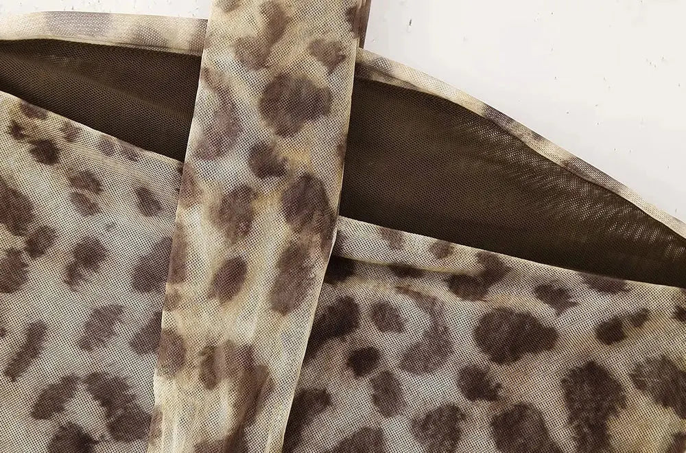 Strapless Leopard Print Tulle Draped Bustier Top with High Waist Long Skirt Two-Piece Set for Women Sexy Evening Outfit