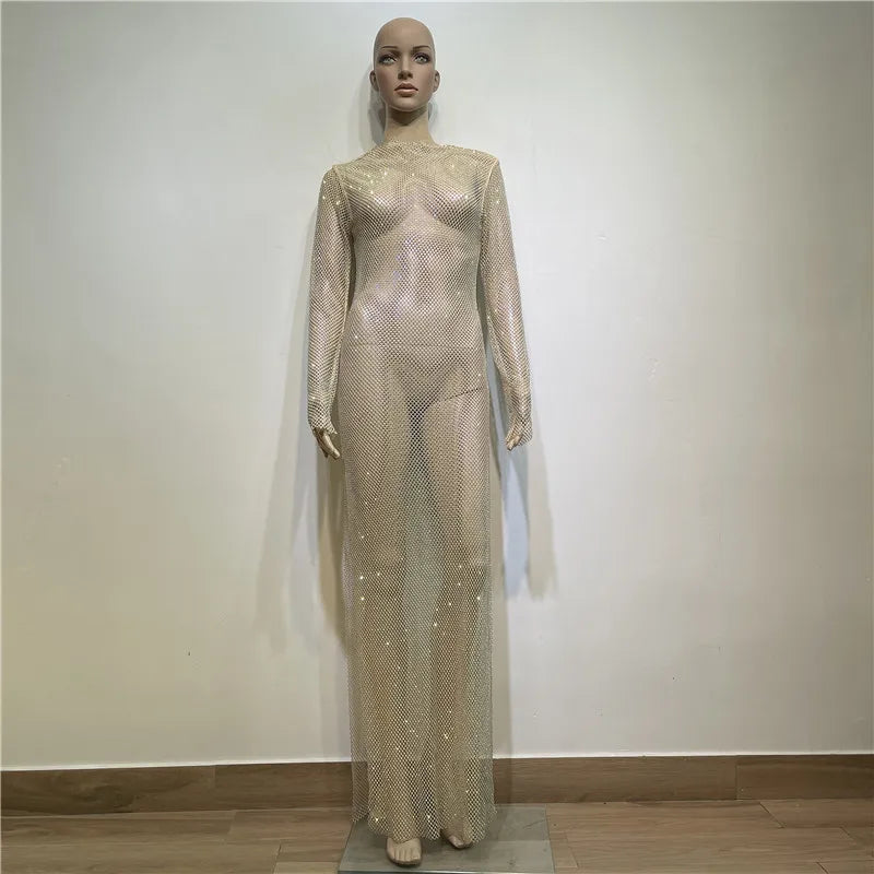 Rhinestone See Through Club Dress With Fishnet Details