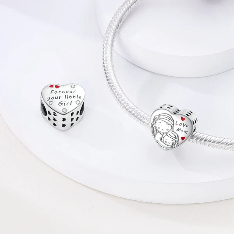 925 Sterling Silver Love Heart Family Charm Bead Pendant for Women's Bracelet Jewelry Gift