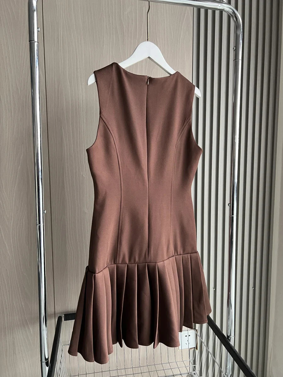 3D Cutout Mini Dress Pleated Skirt Brown Sleeveless