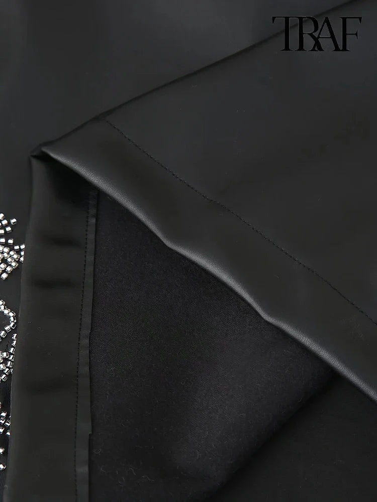 Beaded Dress Faux Leather U Neck Evening Gown For Party