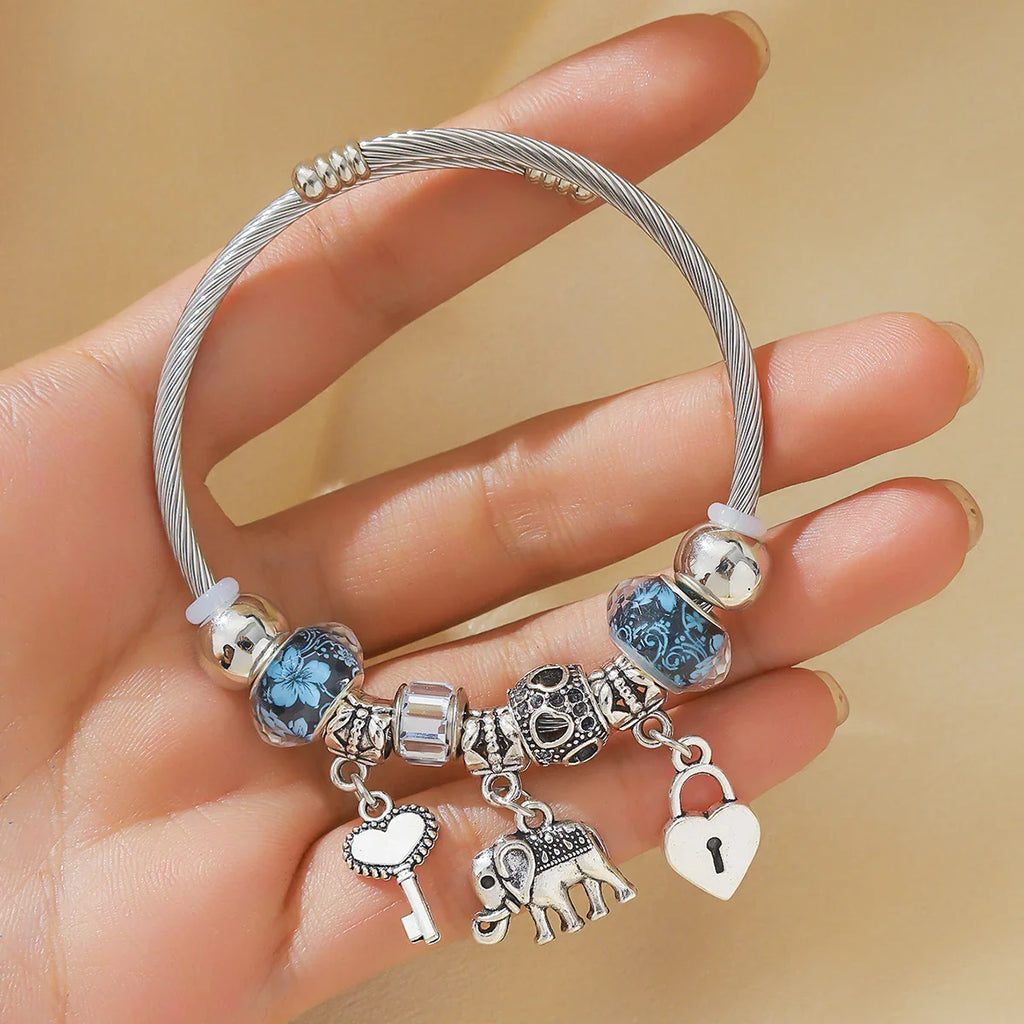 Women's Elephant Peach Heart Life Tree Pendant Alloy Bracelet for Festivals and Outdoor Events