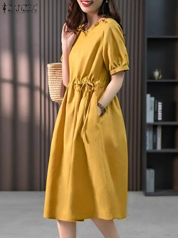Korean Style Ruffle Midi Sundress With Belt And Pockets