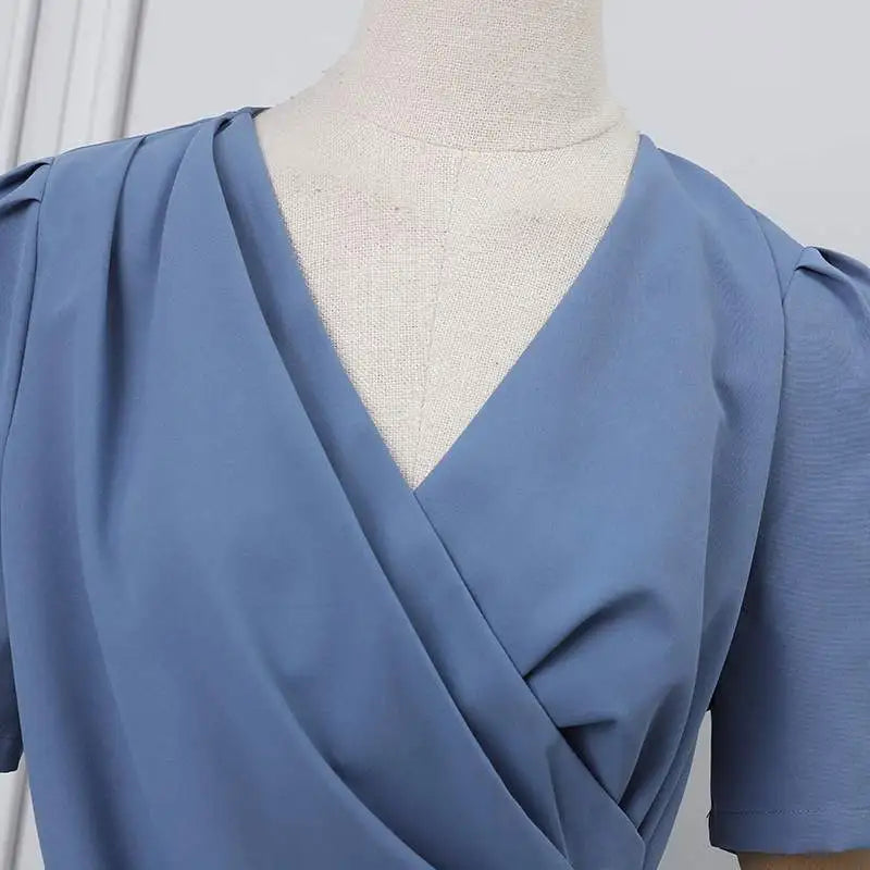 Elegant Women Office Dress V Neck Solid Color Short Sleeve