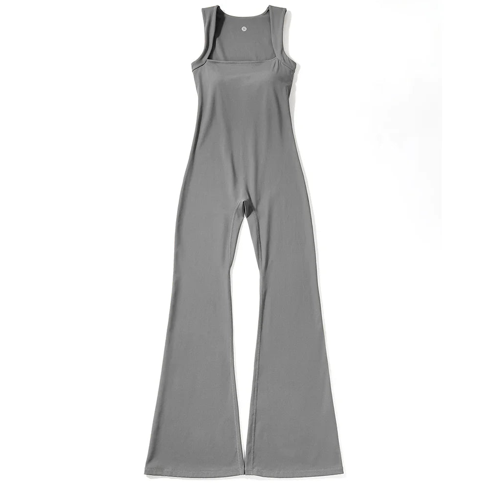 Women's Sleeveless Square Neck Bodysuit with Flared Pants Casual Fitness Jumpsuit Full Season Streetwear Playsuit
