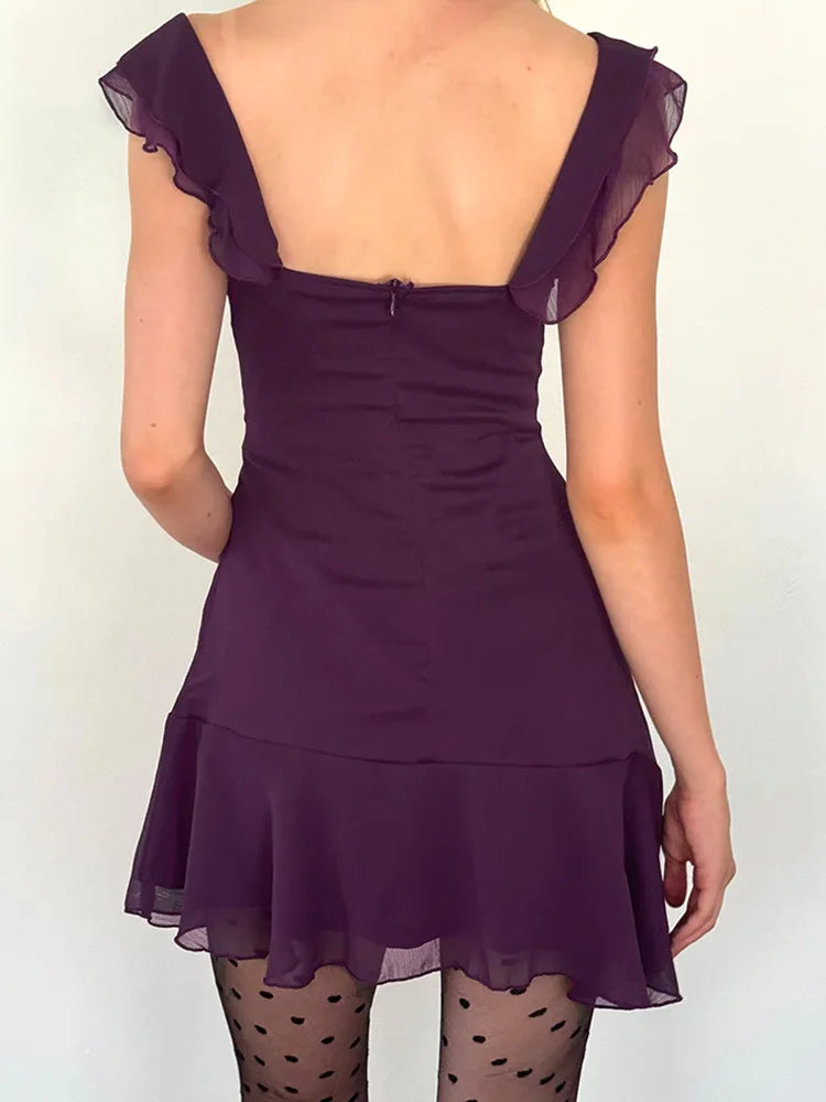 Sexy Tassels Patchwork Chiffon Mini Dress Sleeveless Zipper