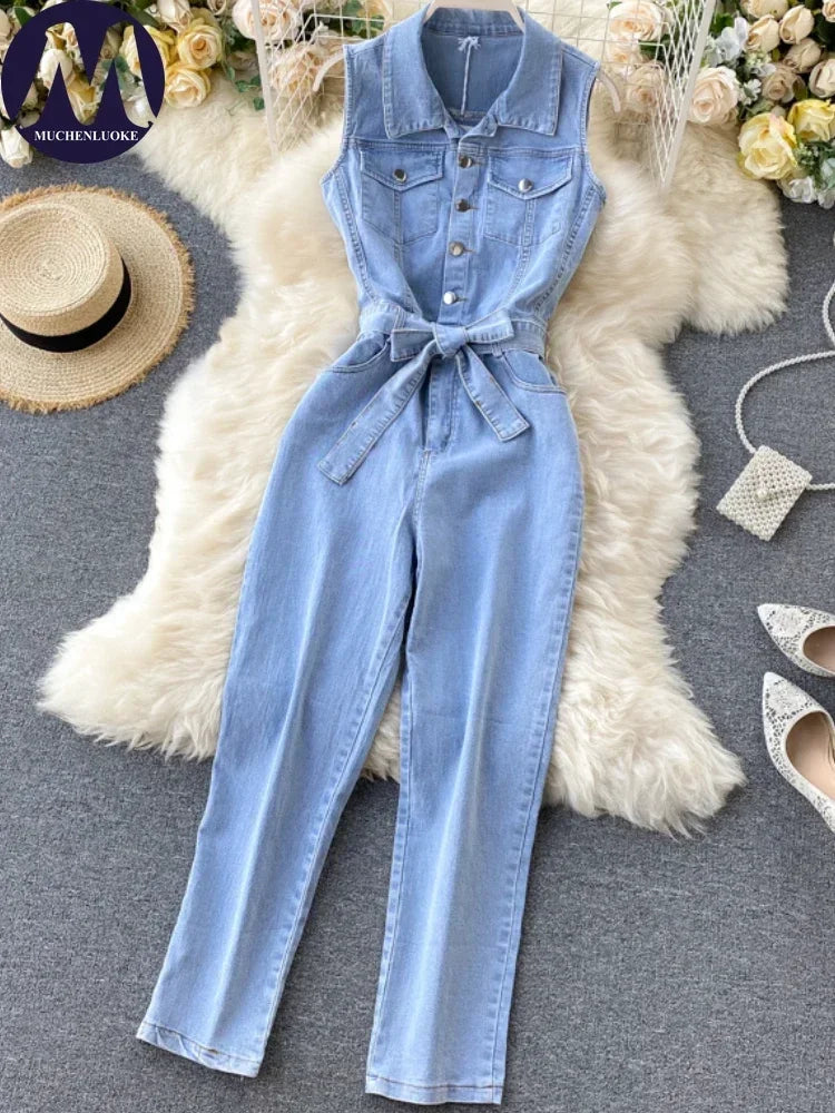 Slim Fit Sleeveless Denim Jumpsuit for Women with Single Row Buckle and Retro Lace-Up Detail Summer Fashion Jumpsuit