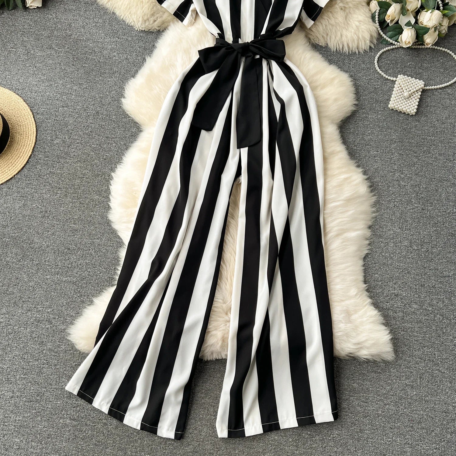 Sleeveless V Neck Stripe Jumpsuit for Women with Lace Up Bow Detail Summer Long Romper High Street Korean Inspired Style
