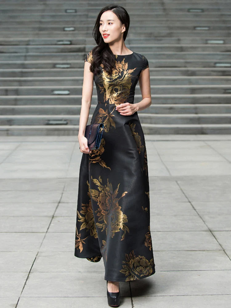 Women Floral Jacquard Maxi Dress Casual Elegant Summer