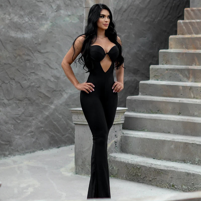 V-Neck Strapless Hollow Out One-Piece Jumpsuit Tight Fit Sporty Fitness Bodysuit for Buttock and Abdomen Lifting