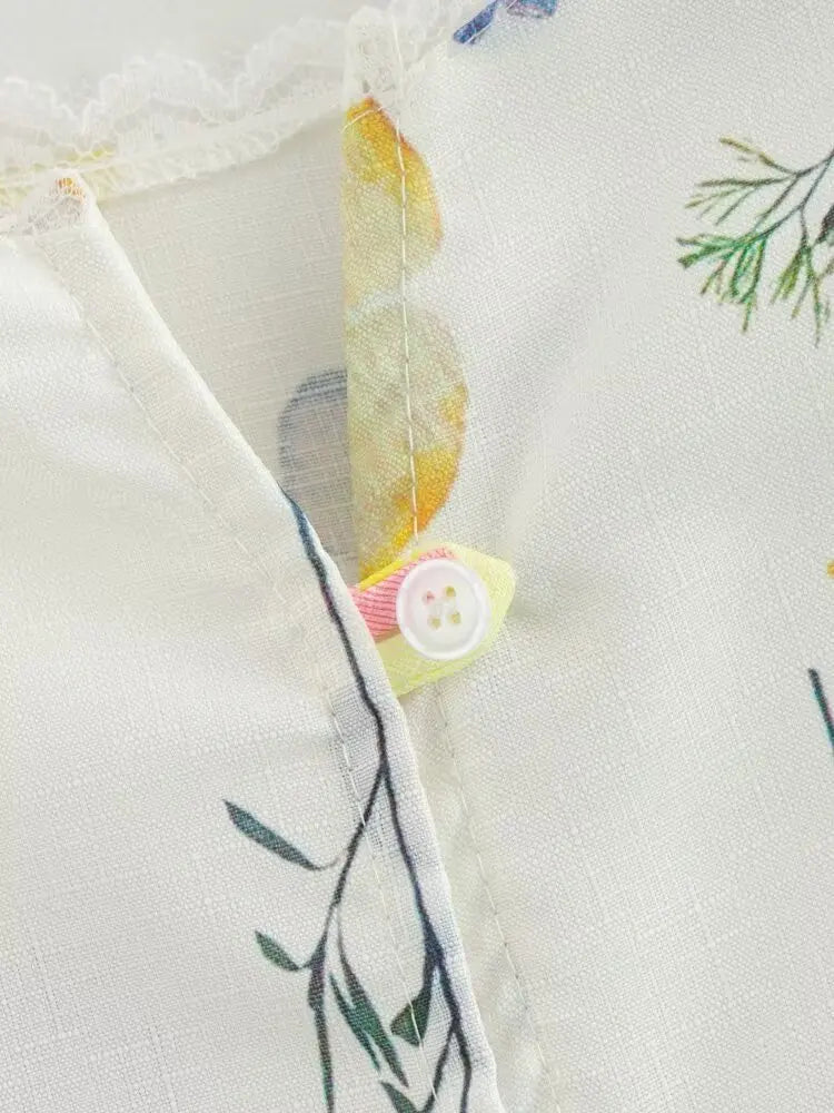 Women's Square Collar Lace-Up Slim Fit Top and Single Breasted A-Line Midi Skirt Two-Piece Set with Feminine Print