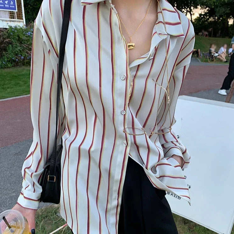 Vintage Striped Satin Women's Blouse Long Sleeve Turn-Down Collar Casual Loose Fit Shirt for Spring and Autumn