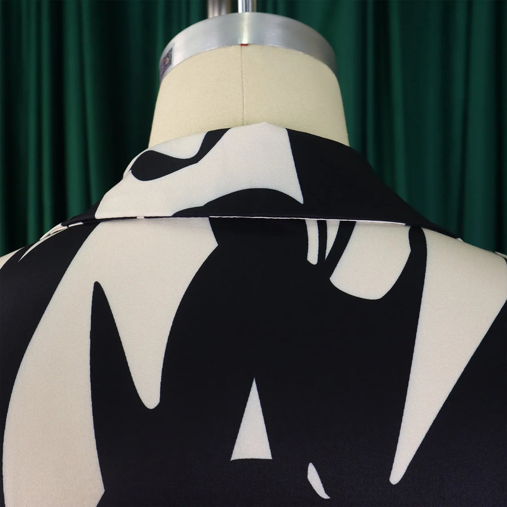 Printed Dress For Women Elegant Turn Collar Ankle Length