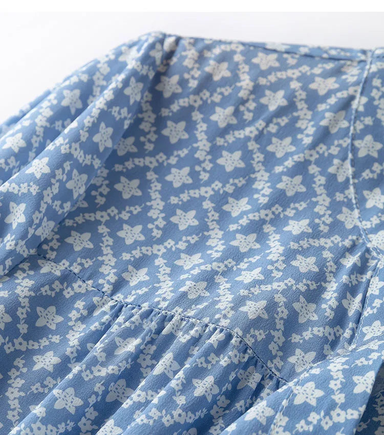 Silk Midi Dress For Women Blue Floral Ruffles V Neck