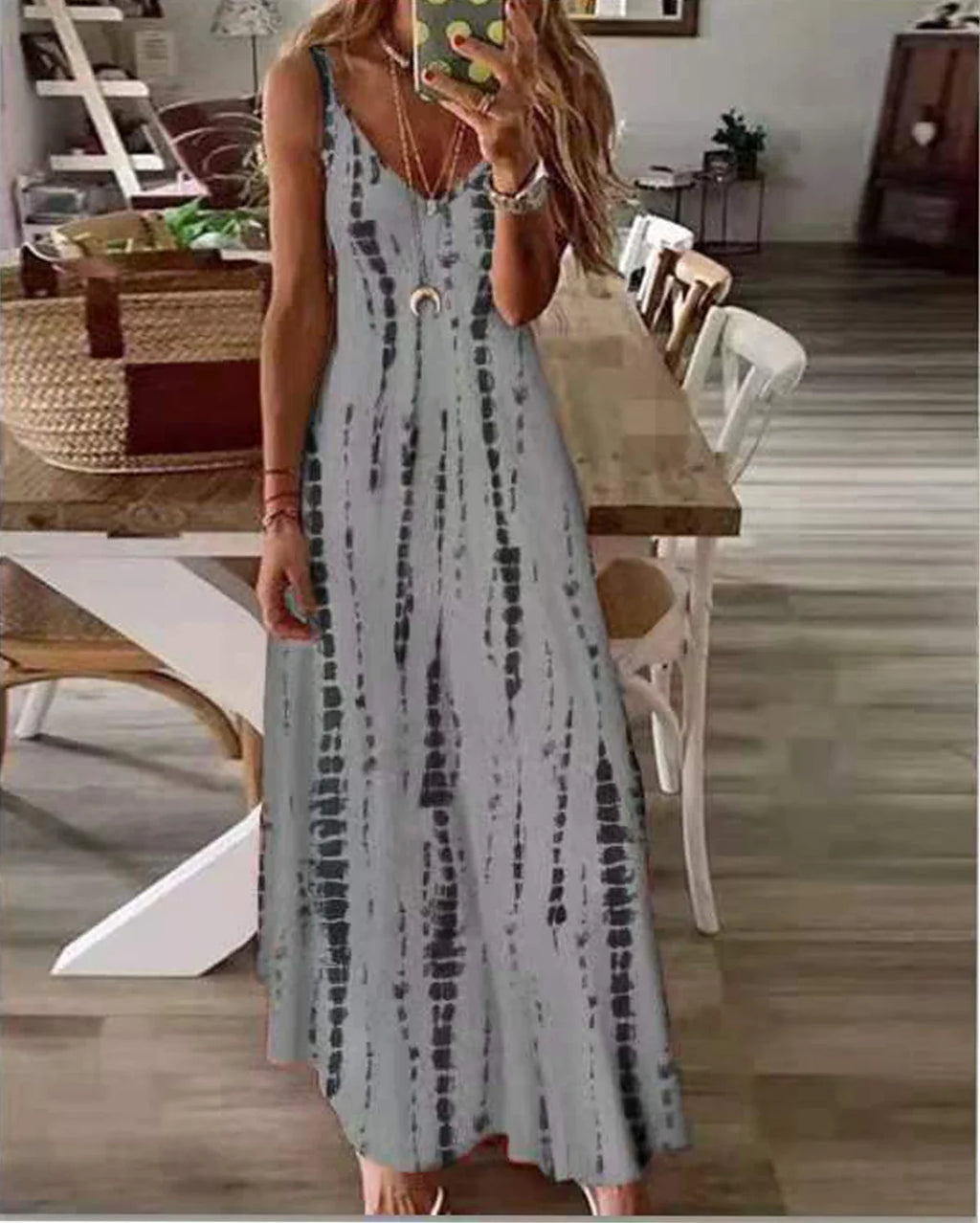 Sling Dress Tie Dye Print Flared Maxi Casual Dress