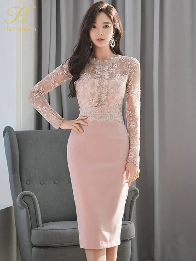Korean Lace Bodycon Dress Women Office Sheath Pencil