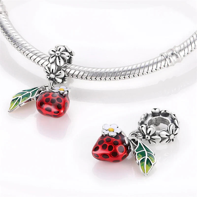 925 Silver Red Charms Beads for DIY Jewelry Bracelets Featuring Strawberry Ladybird and Lipstick Design
