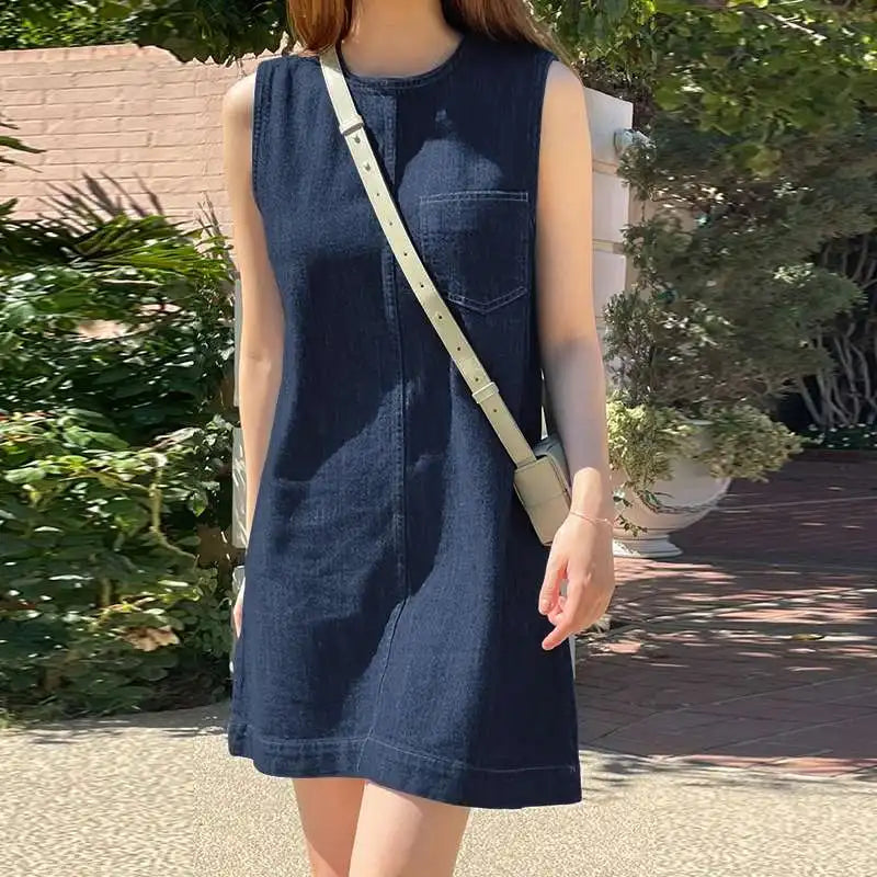 Denim Midi Dress for Women Sleeveless O Neck Blue Casual