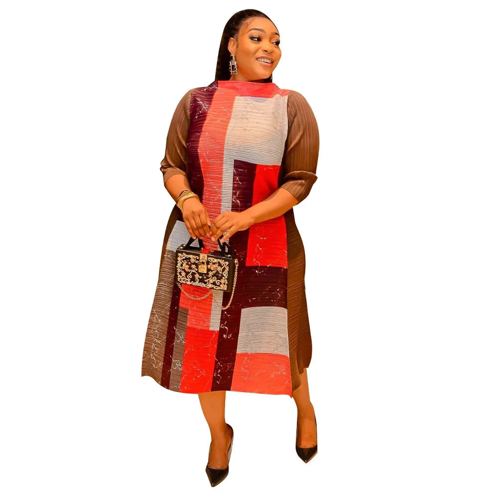 Leaf Print Pleated Boho Maxi Dress for Women Casual Beach