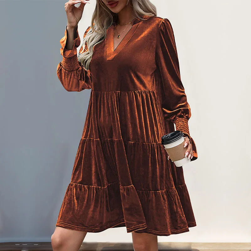 Velvet V Neck Ruffle Dress for Women Autumn Elegance