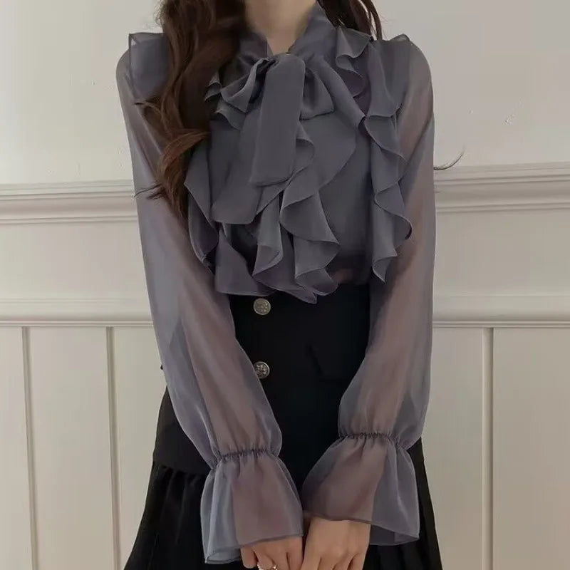 Charming Summer Chiffon Blouse for Women with Sweet Bow Detail Casual Long Sleeve Office Lady Top Lightweight Autumn Shirt