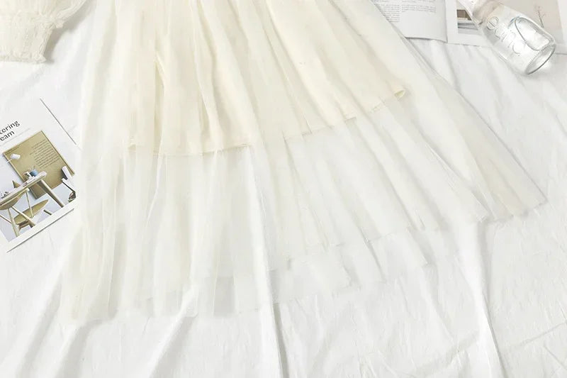 White Lace Mesh Dress With Lantern Sleeves For Women