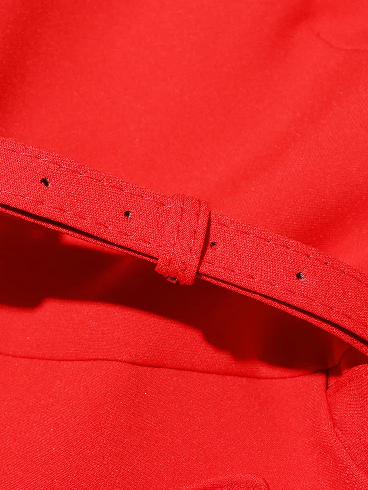 Hollow Out Patchwork Dress For Women V Neck Long Belted