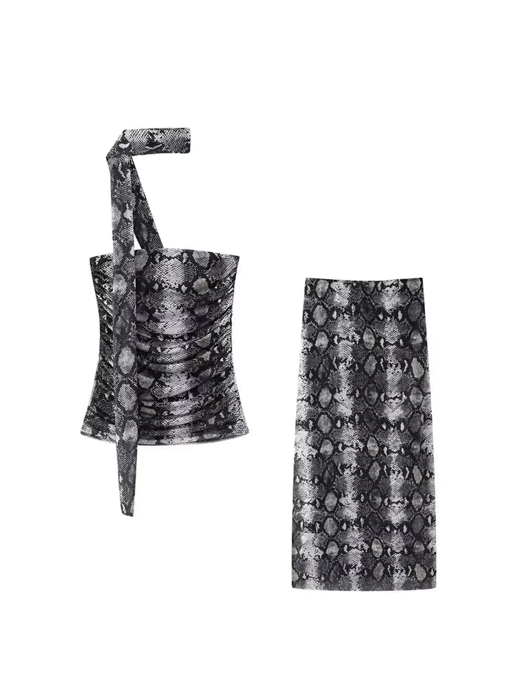 Strapless Leopard Print Tulle Draped Bustier Top with High Waist Long Skirt Two-Piece Set for Women Sexy Evening Outfit